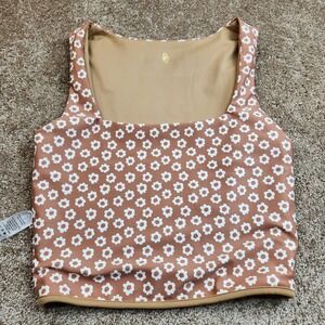 Smith & Quinn Tan White Daisy Floral Square Neck Cropped Tank Top Small